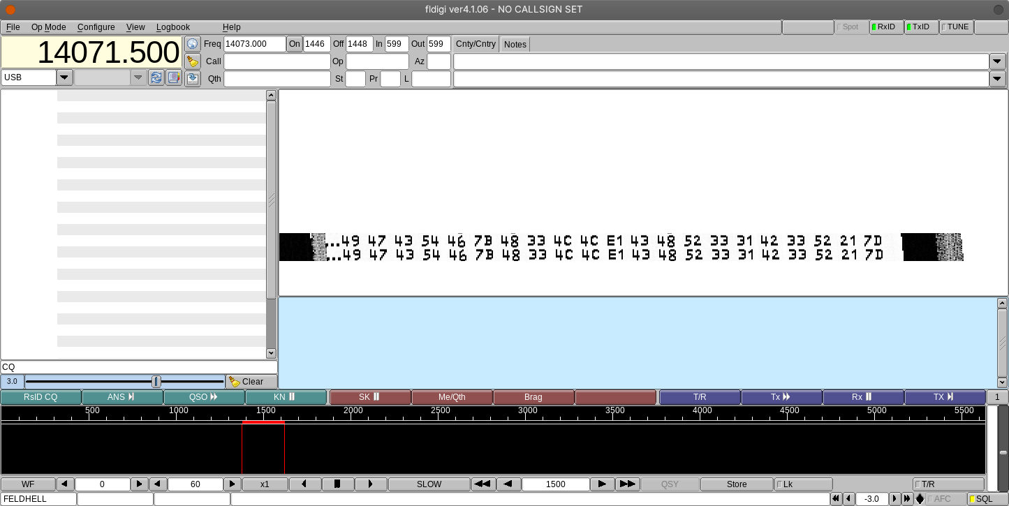 A screenshot of the fldigi program, a minute after loading the provided .wav file. A list of numbers appeared on the screen.